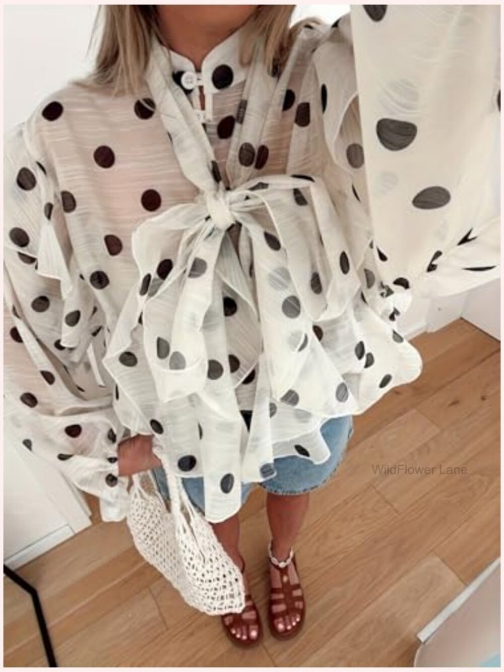 Ruffled Tie Neck Balloon Sleeve Blouse Sheer Vintage Chic Going Out Top - Picture 4 of 6